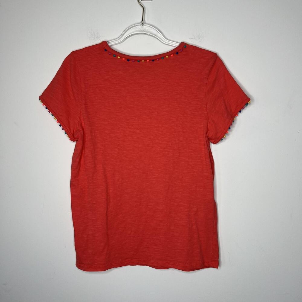Boden Shirt Womens Medium Coral‎ Slub Cotton Pom Pom Trim Crewneck Short Sleeve - Picture 7 of 10